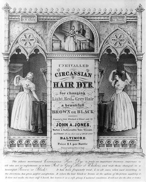Фото архив Наимы Нефляшевой / Реклама 1843 года «Черкесской краски для волос», проданной за 1 доллар в Балтиморе